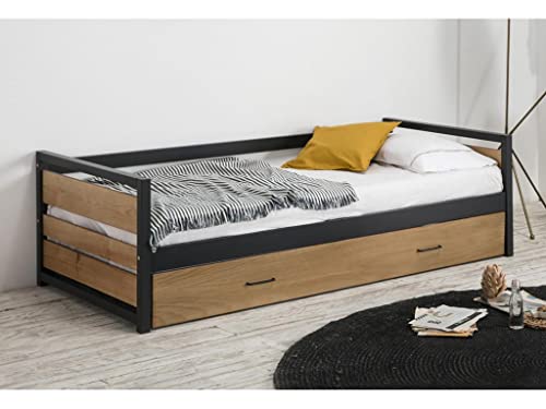 Vente-unique Lit gigogne Industriel Boston - 2 x 90 x 190 cm - MDF, Pin et métal - Coloris : Noyer et Anthracite