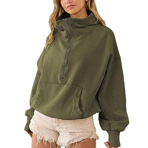 LIAOPUFUS Femme Sweat à Capuche Décontracté Style Y2K Sportif Fashion Streetwear Lâche Sweatshirt Courte Taille Haut Zippé avec Poches (L,3 Vert Militaire)
