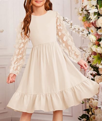 YOVION Girls Fall Dress Mesh Puff Long Sleeve Ruffle Tiered Flowy A-Line Holiday Party Dresses with Pockets for 6-12 Y4