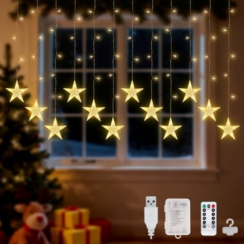 Lypumso Tenda Luminosa Stella, 3M 120 LED Luci di Natale 12 Stelle 8 Modalità con Gancio, Catena Luminosa Natale Batteria/USB IP44, Decorazioni Natalizie Esterno/Interno, Finestra, Giardino, Balcone