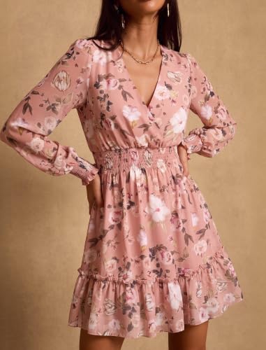Image of Prettywear Women's Chiffon Long Sleeve Wrap Neck Wedding Guest Mini Dress