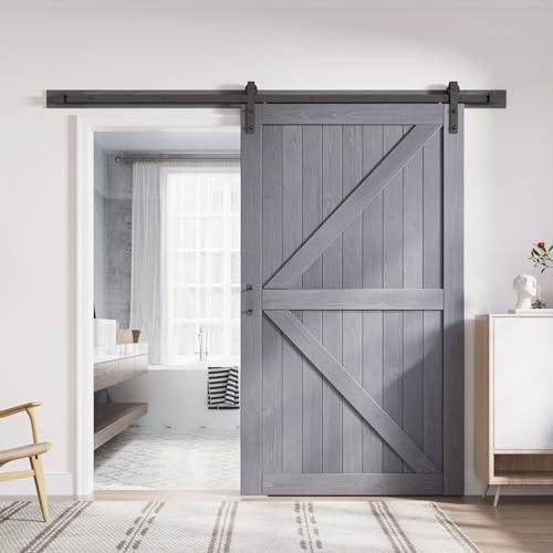 FREDBECK 48in x 84in Gray Wood Barn Door Slab with 8ft (96inch) Barn Door Hardware Track Kit Included Double Surfaces Simple Assembly is Required K-Frame Grey