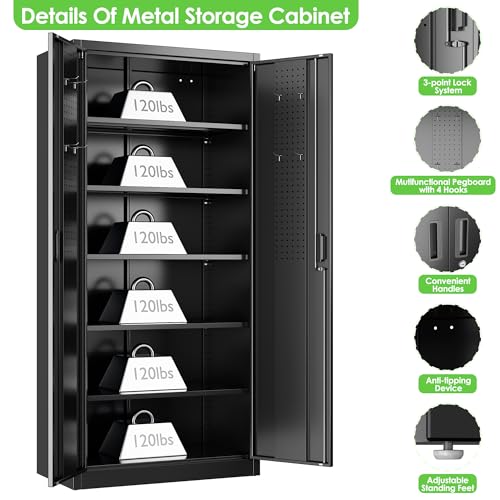 Image of Metal Storage Cabinets with 2 Doors and 5 Adjustable Shelves, 71 inch H Lockable Garage Storage Cabinet with Pegboard and Hooks, File Cabinet with Lock for Office, Home, Garage, Black