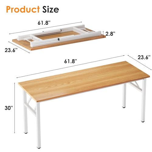 Image of Need Folding Computer Desk, Large 62 inches Folding Table for Home Office, No Install Needed Foldable Writing Table Long Desk, Space-Saving, Teak White