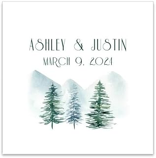 Personalized Wedding Napkins with Watercolor Pine Trees, Custom Names and Date, Elegant Forest Design, March 2024