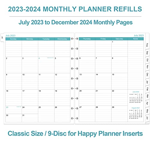2023-2024 Monthly Planner Refill, 18 Months From July 2023 To December 2024, 9-Disc Discbound Pre-Punched Happy Planner Inserts, Two Pages Per Month, 7 X 9.25 In, Ocean #TOP1