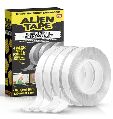Image of ALIEN TAPE Heavy Duty Double Sided Tape, Nano Tape, Feet Clear Adhesive Tape for Poster Photo Wall Decor As Seen on TV, (4 Rolls - 20 Feet Total)