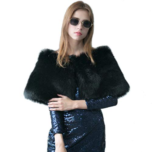 Unicra Women's Faux Fur Capes with Brooch Wedding Shrugs Bridal Faux Fur Shawls Stoles for Brides (Black)