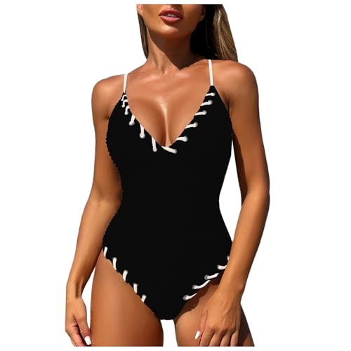 Traje de baño de 1 piezas para mujer, trajes de una pieza con ganador de pecho, traje de playa, deporte, redondo, cuello en V, ropa negra, El negro-a, S