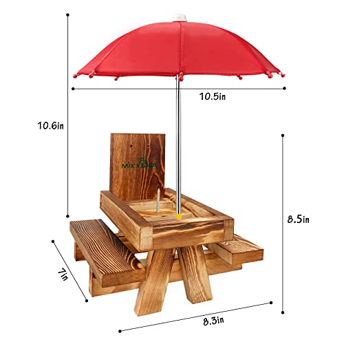 MIXXIDEA Squirrel Feeder Picnic Table with Tall Umbrella, Wooden Squirrel Feeders for Outside, Cute Chipmunk Feeder with Corn Cob Holder, Solid Structure, Thick Wood (Rustic Brown with Red Umbrella) by MIXXIDEA - Image 2
