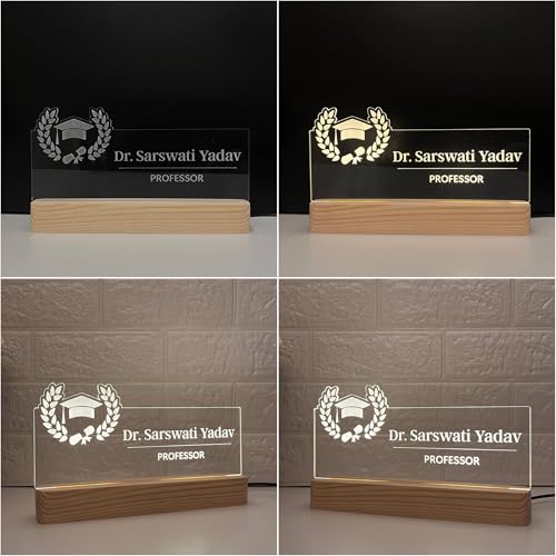 Image of Personalized Acrylic Desk Name Lamp for Professors | Custom LED Light with Name, Designation & University Logo | Best Birthday Rakhi Gift for Assistant Professor , HOD, Dean, Vice Chancellor, College Staff, Promotion farewell and New office joining (10 x 6 inch) (For Professor)