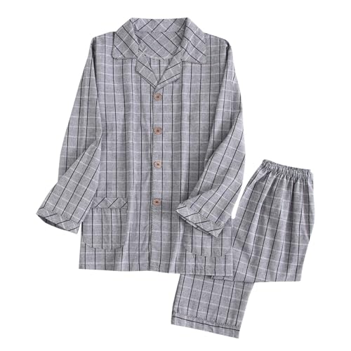 2 Pcs Mens Cotton Pajama Set Plaid Printed Long Sleeve Fall Summer Pajamas Nightwear Lapel Button Down Loungewear