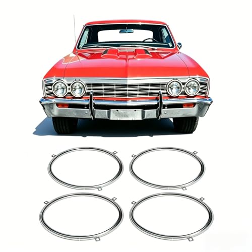 ALMULOO Front Headlight Bezel Door Ring Compatible with 1958-1972 Chevy Chevrolet Impala Chevelle El Camino 1966-1970 Pontiac GTO LeMans Tempest Steel Front Lamp Headlamp Trim Chrome Silvery 4 PCS by ALMULOO - Used condition - US$13.46