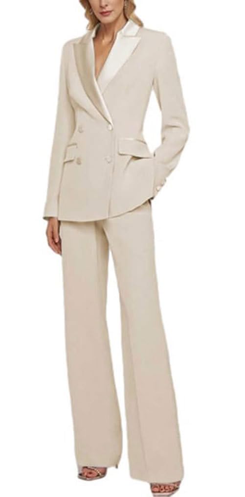 Double Breasted Womens Pant Suit Slim Fit Work Professional Business Suit Prom Party Tuxedos Beige 8