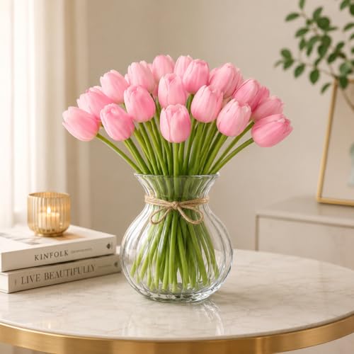Image of Pink Olive 5 Pcs Artificial Tulip Flower Bunches for Vase | Silk Faux Flowers for Home Decor, Table Centerpiece, Living Room, Bedroom, Wedding Party, Gift (Vase Not Included)