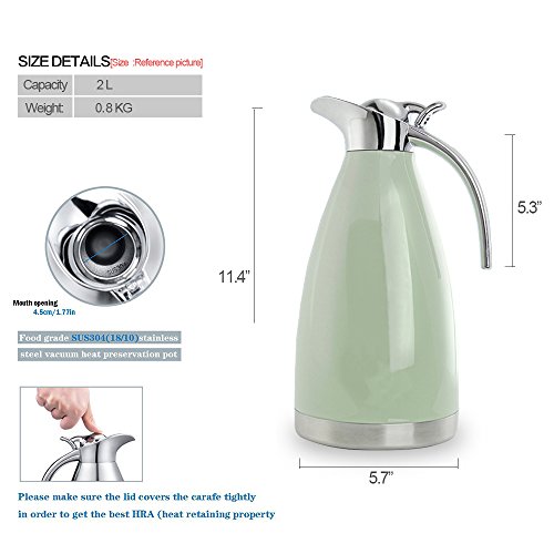 Bonnoces 68 Oz Stainless Steel Thermal Carafe - Double Walled Vacuum Insulated Thermos/Carafe with Lid - Coffee/Tea Carafe Heat & Cold Retention - 2 Liter (Green)