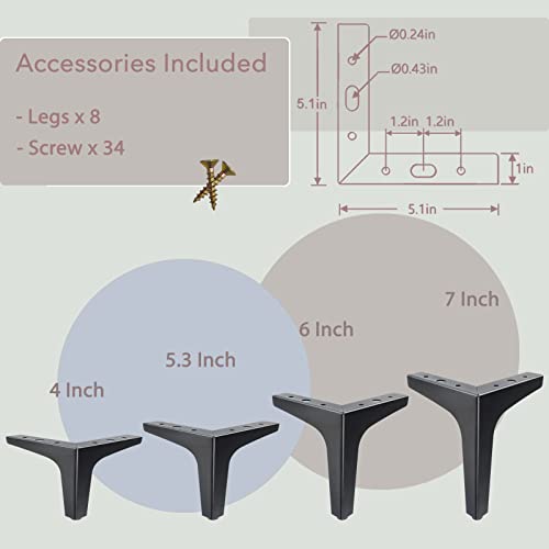 Koikey Black Dresser Metal Furniture Legs 4 Inch Matte Iron Triangle Heavy Duty Replacement Feet For Sofa, Cabinet, Ottoman, Couch, Chair, Set Of 8 #TOP1