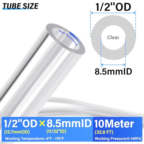 Image of TAILONZ PNEUMATIC Clear 1 /2 Inch OD 10 Meter 32.8ft PU Polyurethane Air Tubing Kit Pipe Hose Air Line Tubing Air Hose Fittings Push to Connect Fittings(27PCS)