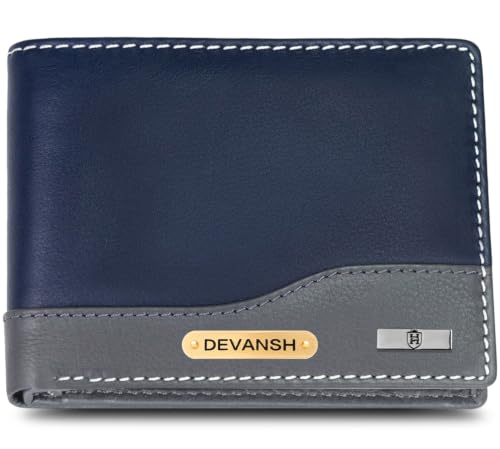 Image of HORNBULL Men's Personalized Wallet I Customized Slim Stylish Leather Purse with Name I Unique Birthday Gift for Men Boy Love Husband (Navy /Gry)