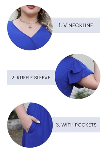 Image of Celkuser Plus Size Casual Wrap V-Neck Ruffle Short Sleeve Midi Dress for Curvy Women with Pocket Spring and Autumn Dress