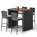RELAX4LIFE 5-Piece Outdoor Bar Set - Wicker Rattan Bar Height Dining Table w/Acacia Wood Top & 4 Bar Stools Chairs w/Seat Cushions, Backrest, Footrest, Outside Patio Bistro Set for Backyard (47.5'')
