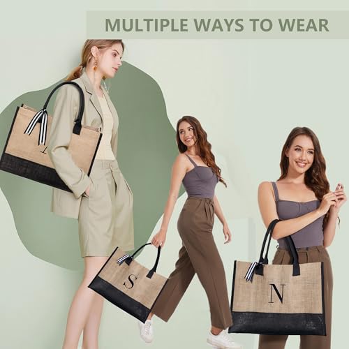 Image of BeeGreen Embroidery Monogram Jute Tote Bag Initial Personalized Gifts Bags for Birthday Beach Work Wedding Gift Basket for Women Teacher Mom Friend Coworkers Sister Nurse Cute Totes Navy (Letter H)