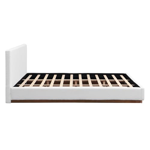 Image of Merax King Size Boucle Upholstered Bed Frame with Thick Headboard, Minimalism White Upholstery Platform Bed for Bedroom, Apartment, Solid Wooden Slats Support, No Box Spring Needed, Low Profile Design