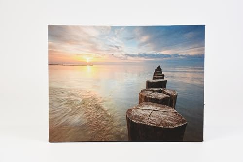 Nexos Trading LED Wandbild Beleuchtung 30x40 cm 'Entspannender Sonnenaufgang' mit 1 gelben LED und 30 Glasfasern Fotodruck Kunstdruck Leuchtbild Sonnenaufgang Batterie Timer