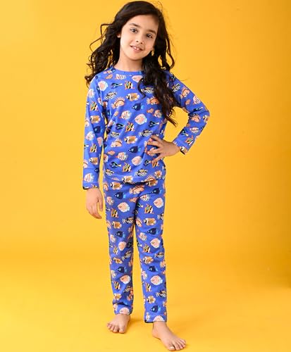 Image of ANTHRILO Summer Pyjama Set for Girls | 100% Cotton, Skin Friendly Fabric | Pyjama Set for Girls | Casual Wear | Fish Blue Girls Long Sleeve Pyjama Set - Blue 0-6 Months