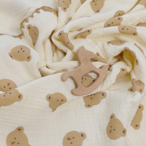Image of Double Layered 100% Cotton Muslin Baby Blanket Ultra-Soft 40x40 Inch Swaddling Nursery Crib Blanket(Cute Bear)