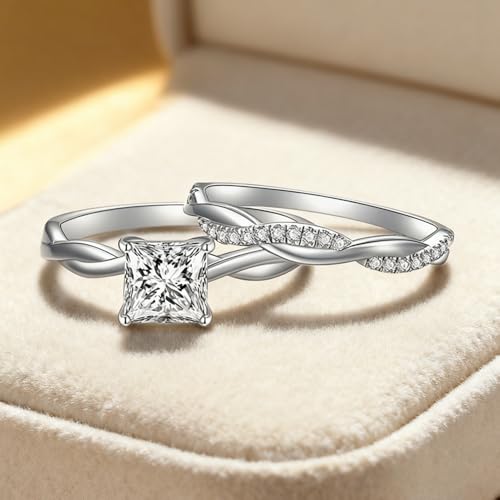 Princess Cut Wedding Ring Sets for Women Bridal Sets Engagement Ring Set, 1-1/2 Carat(ctw) Moissanite Twisting Infinity Pave Set 925 Sterling Silver 10K 14K 18K Gold Free Engraving3