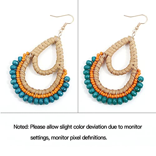 Bohemian Rattan Blue Wooden Beads Fish Hook Teardrop Earrings Dangle Drop Jewelry For Women Girls #TOP1
