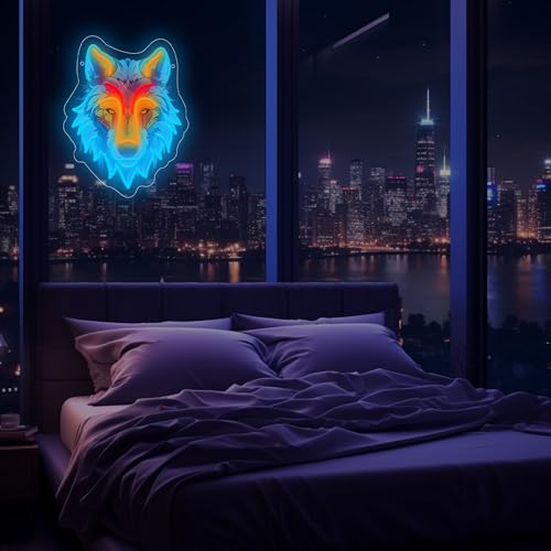 Image of Wolf LED Neon Sign with Printed Backboard, Wild Animal Wall Decor, USB Powered Neon Light for Man Cave, Game Room,Boy Room, Bedroom & Modern Home Decor Holiday Birthday Gift