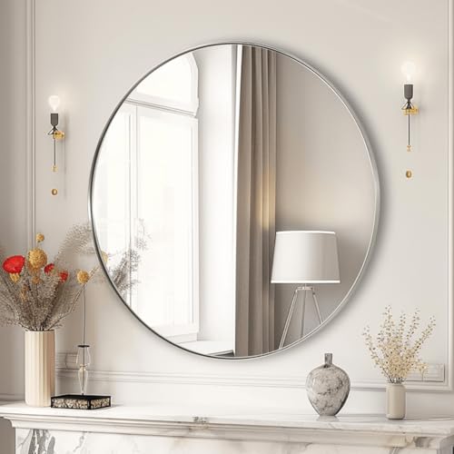Image of ANDY STAR Nickel Round Mirror, 26 inch Brushed Nickel Round Mirror, Sliver Circle Bathroom Mirrors in Stainless Steel Metal Frame 1 inch Deep