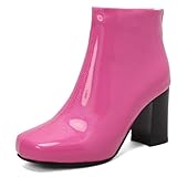  Gicoiz Femme Cuir Verni Bottines Chelsea Bloc Hauts Bottes Bout Rond Hiver Mode Zip Latéral Ankle Bottines Warm Chunky Chaussures de Fête Rose-Rouge Taille 35 EU