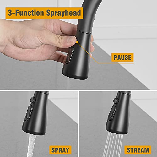 Besy Brass Single Handle Kitchen Faucet With Pull Down Sprayer,Rv High-Arc Kitchen Sink Faucet With Pull Out Sprayer,Single Lever 3 Function Laundry Room Faucet,Matte Black (1 Or 3 Hole) #TOP2