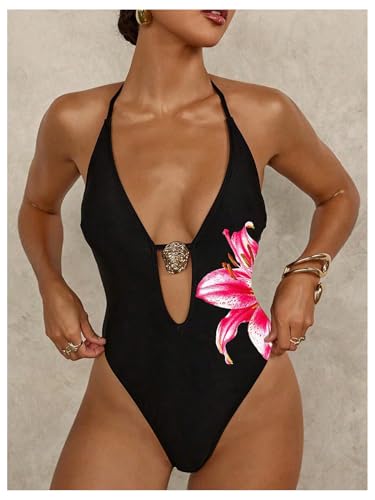 SOLY HUX Women's Floral Print Halter Deep V Neck One Piece High Cut Monokini Swimsuits Vacation Bathing Suit3