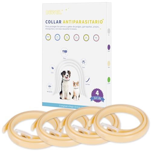 DEWEL Collares Antiparasitarios, Collares contra Pulgas y Garrapatas para Perros y Gatos, Collares Antipulgas Ajustable para Mascotas (Beige, L-63.5 cm)