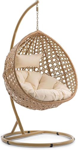 Image of Single Seater Swing Chair with Stand & Cushion Outdoor Indoor Balcony Garden Patio, Powder Coated Frame, UV-Protected Wicker, Premium Cushion, Swing Chair (Honey:: Honey)