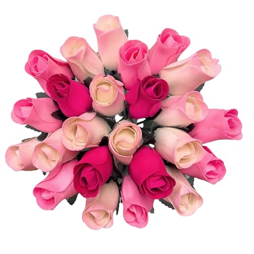 Two Dozen (24) Shades Of Pink Wooden Rose Bouquet - Realistic Faux Roses in White Hot Pink & White-Pink - Long-Lasting Handmade Flowers for Gifts Home Decor Valentines Wedding or Anniversary