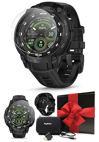 Image of PlayBetter Garmin Instinct Crossover AMOLED Tactical (Black) Outdoor GPS Smartwatch Gift Box Bundle - Analog Display, Built-in Flashlight HD Screen Protectors, Wall Adapter & Case