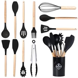 BASVII 12-Delige Siliconen Pannenset, Gemaakt van Hoogwaardig Siliconen en Houten Handgrepen, Geschikt Voor Alle Potten en Pannen, is Een Keukengerei Set Voor Kookliefhebbers