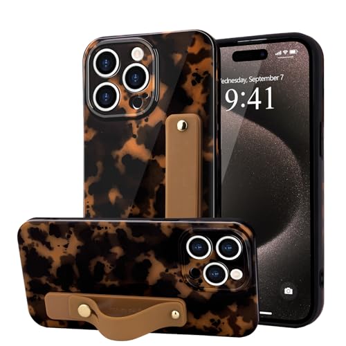 LAPOPNUT for iPhone 15 Pro Case with Wrist Strap, Cheetah Leopard Tortoise Shell Print Shockproof Soft TPU Protective Case for Women Girls, Slim Anti Scratch Case for iPhone 15 Pro 6.1 Inch,Brown