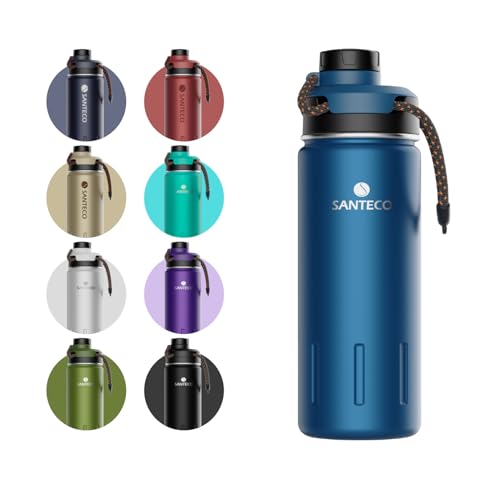Santeco Insulated Water Bottle 710ml/24 oz, Stainless Steel Flask with Handle Wide Mouth Spout Lid, Leak Proof Vacuum Hiking Camping-Blue