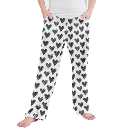 Black White Hearts Long Pajama Pants Elastic Waist PJ Bottoms with Pockets S A113398