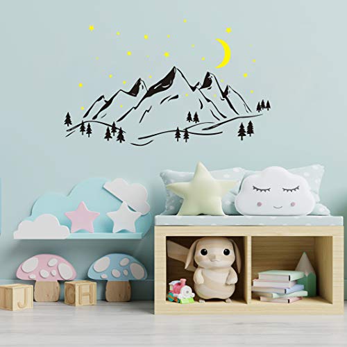 Vinilo decorativo montañas y árbol con luna y estrellas