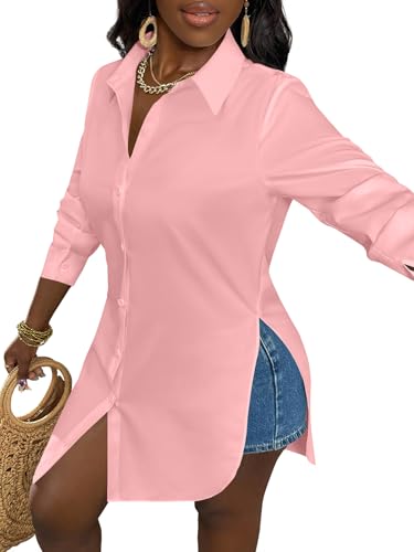 Image of LYANER Women's Collar Neck Long Sleeve Button Down Shirts Sexy Split Hem Tops Long Blouse Shirt Dress