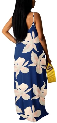 Image of LaiyiVic Boho Maxi Dresses for Women Adjustable Shoulder Strap Colorful with Pockets Loose Sundresses Summer Blue Large