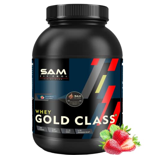 Image of SamFit Pro Gold Class Whey Protein | Chocolate Americana | 2.2 Lbs | 1kg | 24 Gram Protein per Scoop | USA made Whey (Strawberry, 1kg)