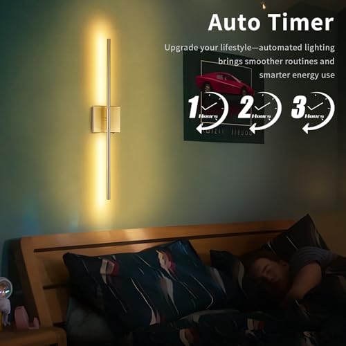 Image of Battery Operated Wall Sconce Set of Two with Remote Control, Rechargeable & Dimmable Wireless, Easy Install Peel and Stick, Timer Function, Wall Lights for Living Room, Bedroom, 28.3 inch (Brass)